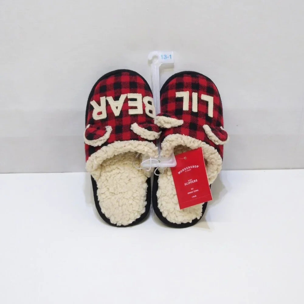Wondershop Kids Lil Bear Slippers Size 13-1 Red & Black Plaid Faux Fur Lining